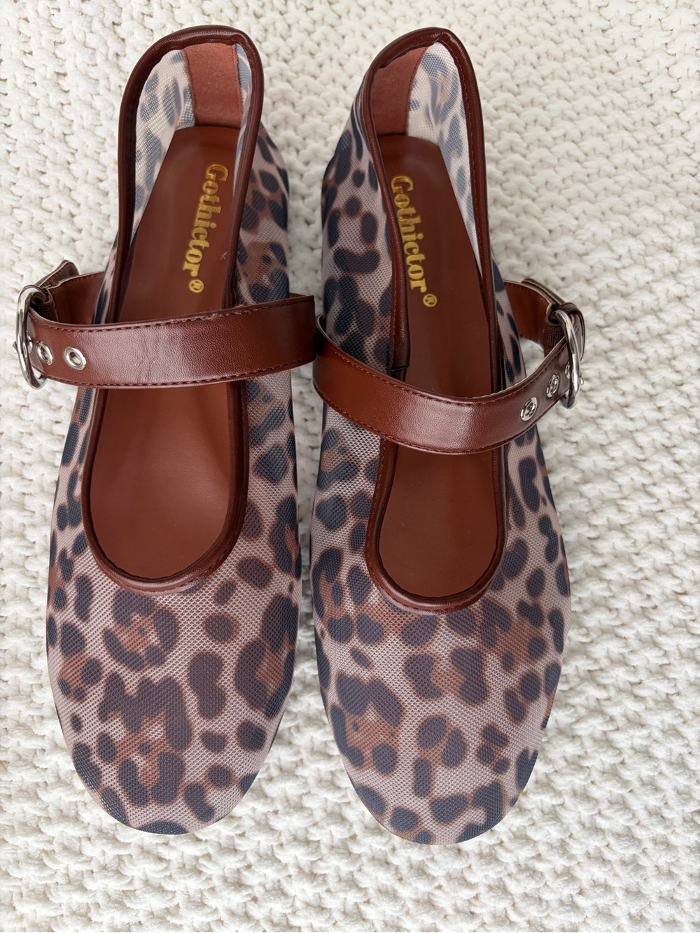 Gothictor Leopard Print Mesh Mary Jane Flats Brown Strap Size 9